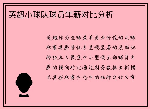 英超小球队球员年薪对比分析