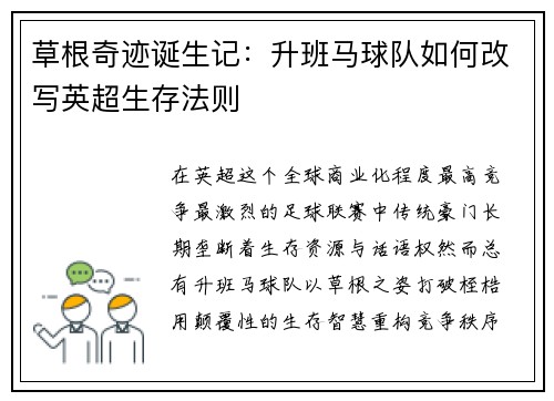 草根奇迹诞生记：升班马球队如何改写英超生存法则